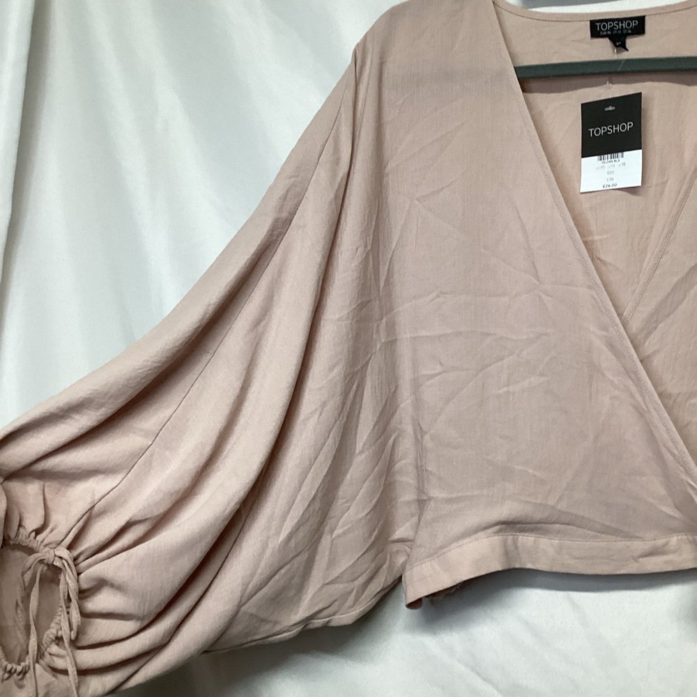 🆕 Top Shop Low V Neck Faux Wrap Balloon Sleeve Top 14 - Picture 5 of 9